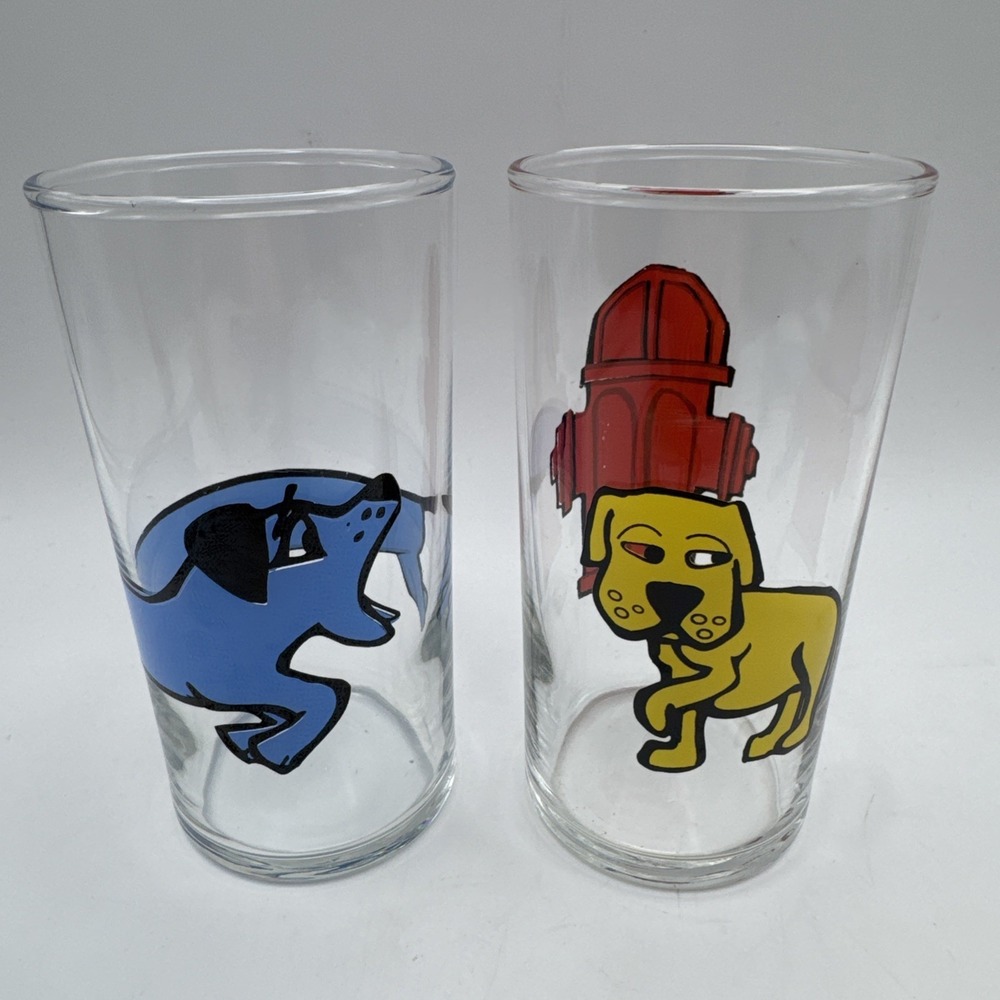 Vintage 70s Libbey Cartoon Dog Drinking Glasses Mid Century Barware Dachshund